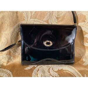 Vintage 80s Purse 1980s Black & Gold Patent Chic Retro Editorial Hipster Handbag